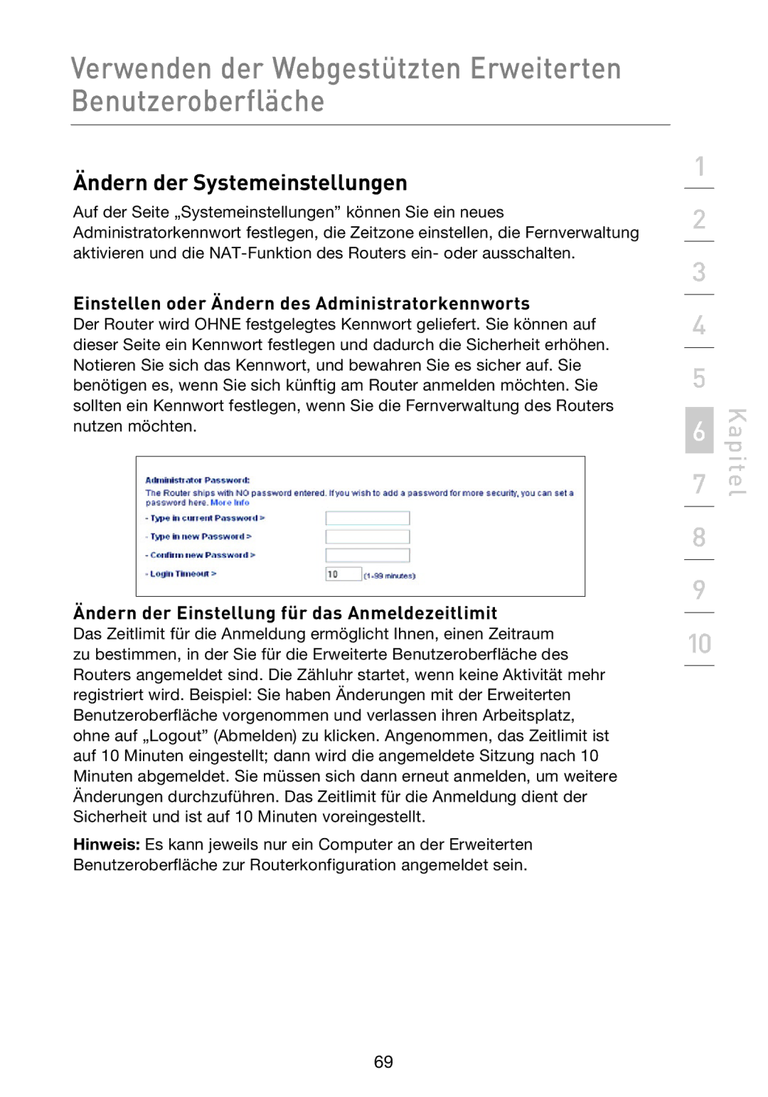 Belkin F5D8233EA4 user manual Ändern der Systemeinstellungen, Einstellen oder Ändern des Administratorkennworts 