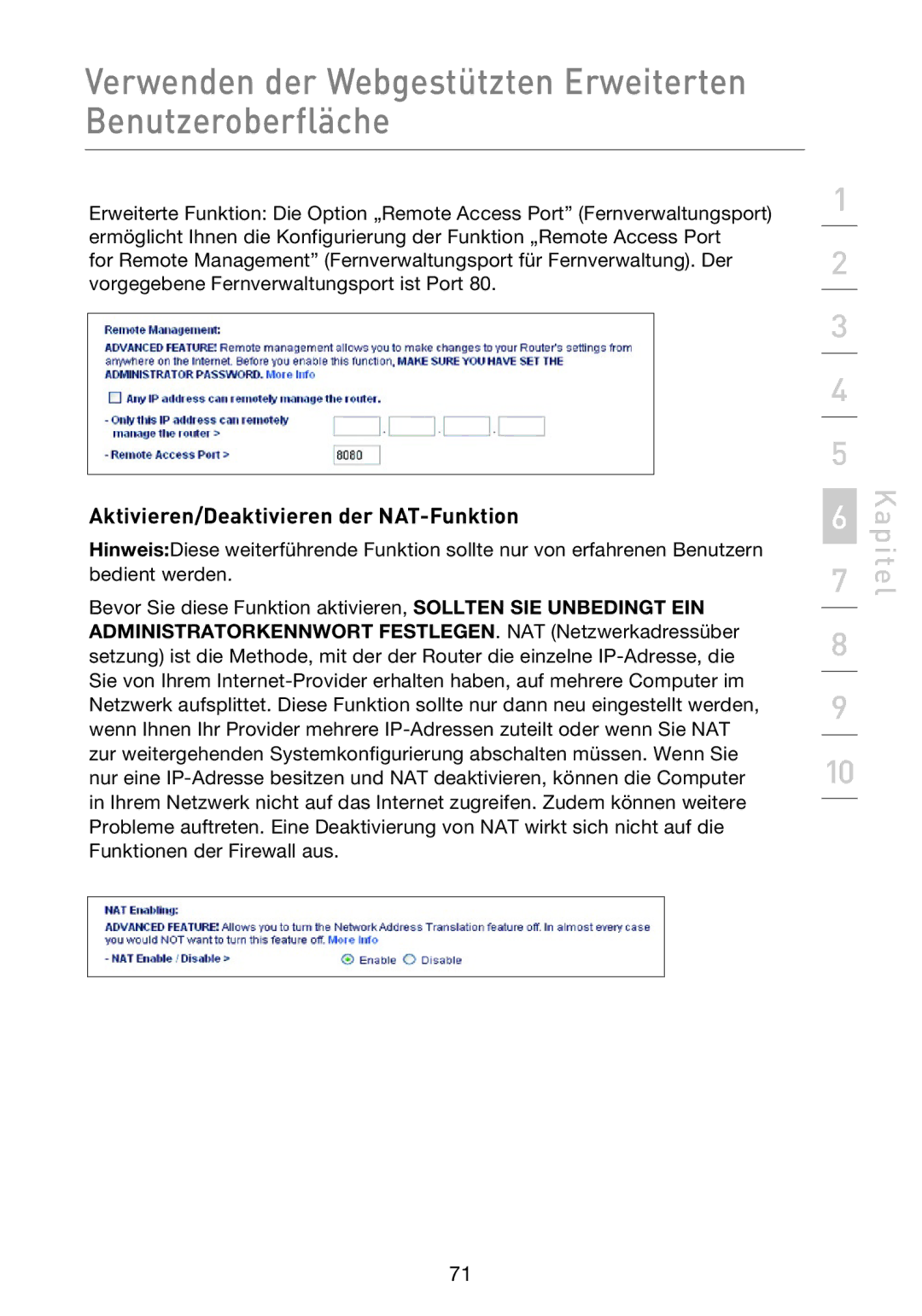 Belkin F5D8233EA4 user manual Aktivieren/Deaktivieren der NAT-Funktion 