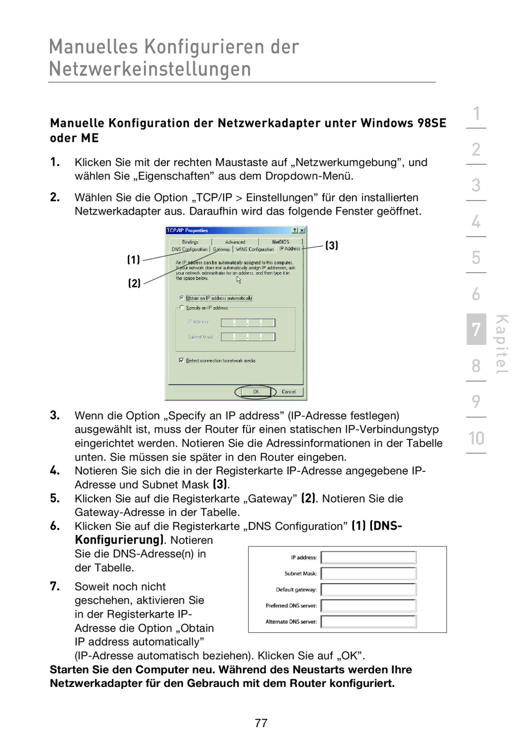 Belkin F5D8233EA4 user manual Manuelles Konfigurieren der Netzwerkeinstellungen 