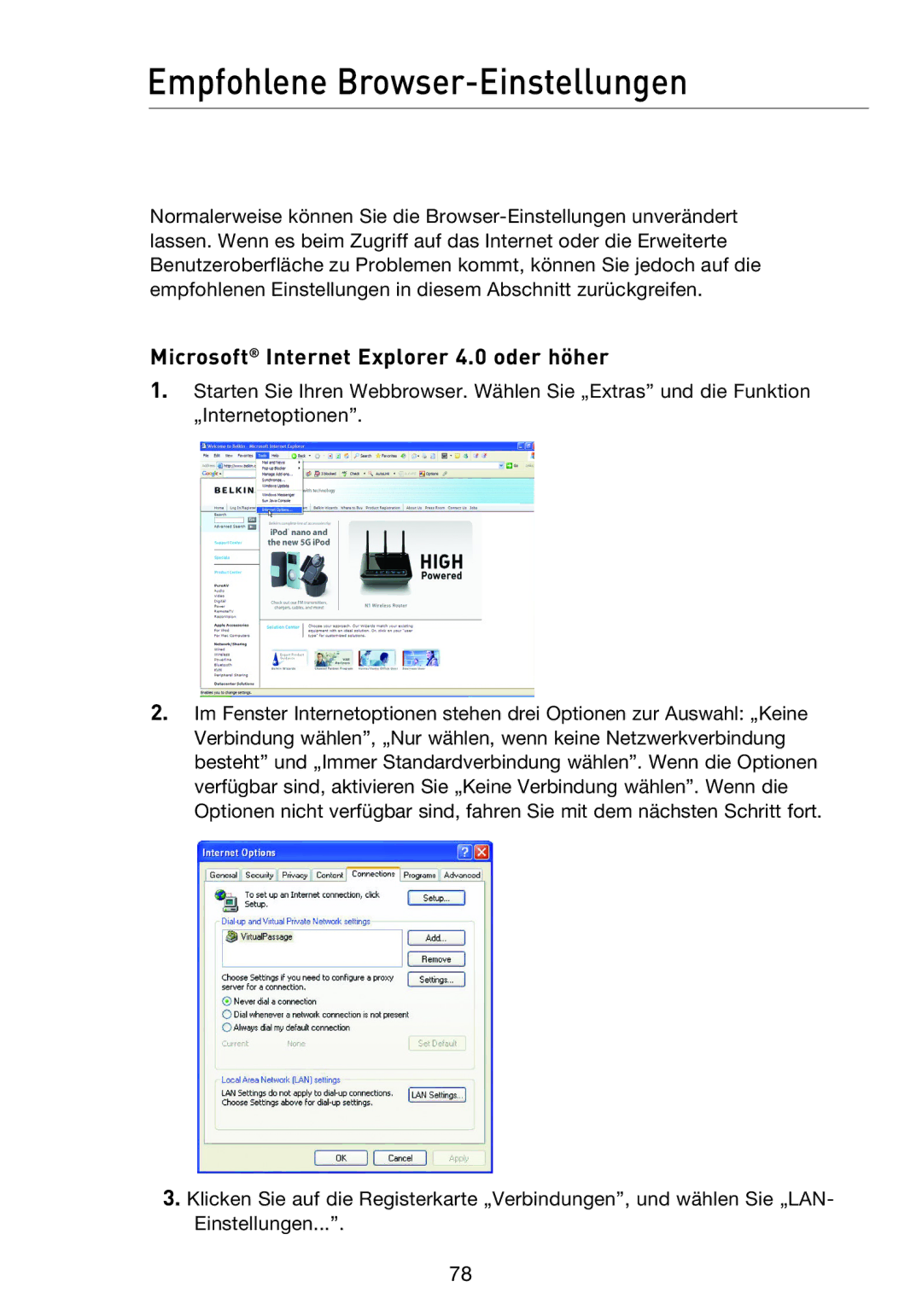 Belkin F5D8233EA4 user manual Empfohlene Browser-Einstellungen, Microsoft Internet Explorer 4.0 oder höher 