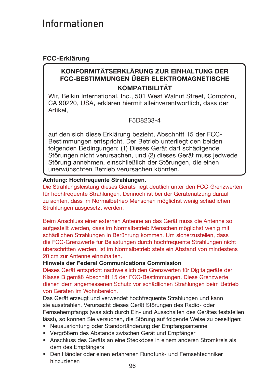 Belkin F5D8233EA4 user manual Informationen, FCC-Erklärung, Achtung Hochfrequente Strahlungen 