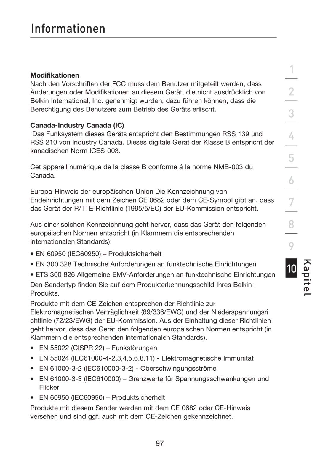 Belkin F5D8233EA4 user manual Modifikationen, Canada-Industry Canada IC 