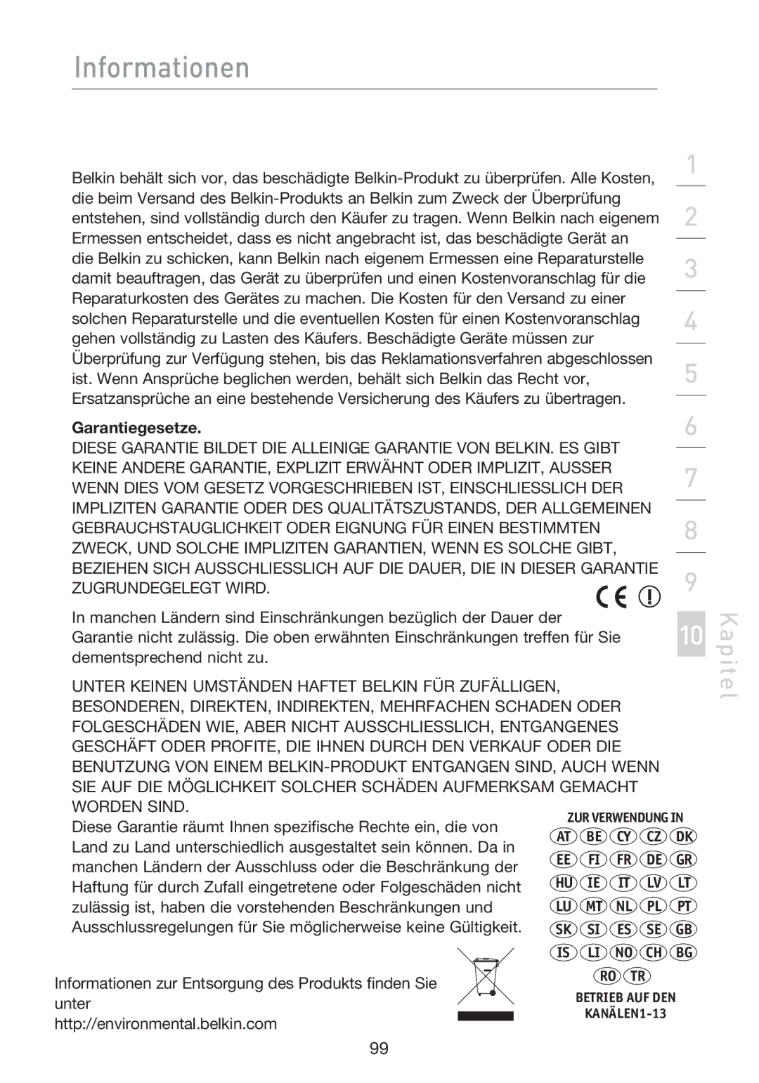 Belkin F5D8233EA4 user manual Garantiegesetze 