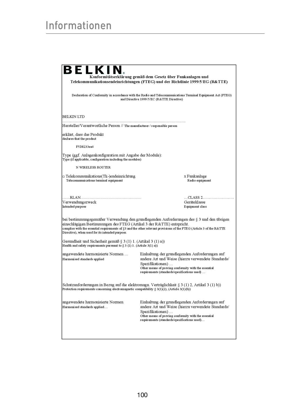 Belkin F5D8233EA4 user manual Type ggf. Anlagenkonfiguration mit Angabe der Module 