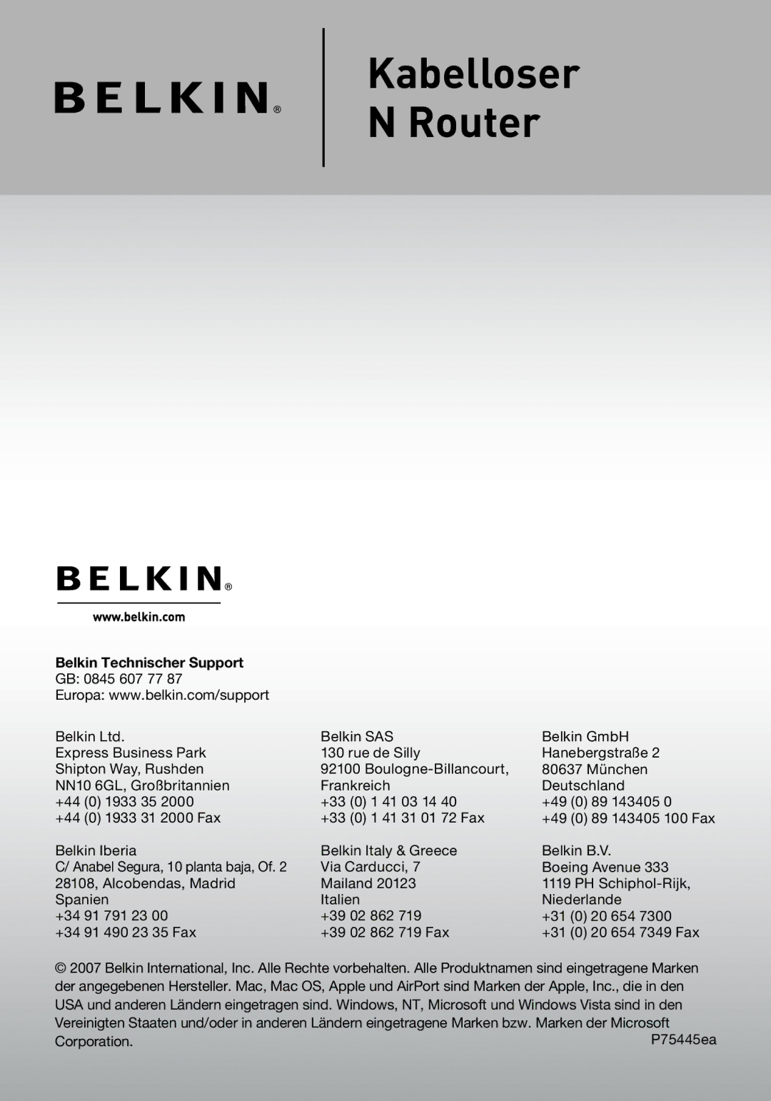 Belkin F5D8233EA4 user manual Belkin Technischer Support 