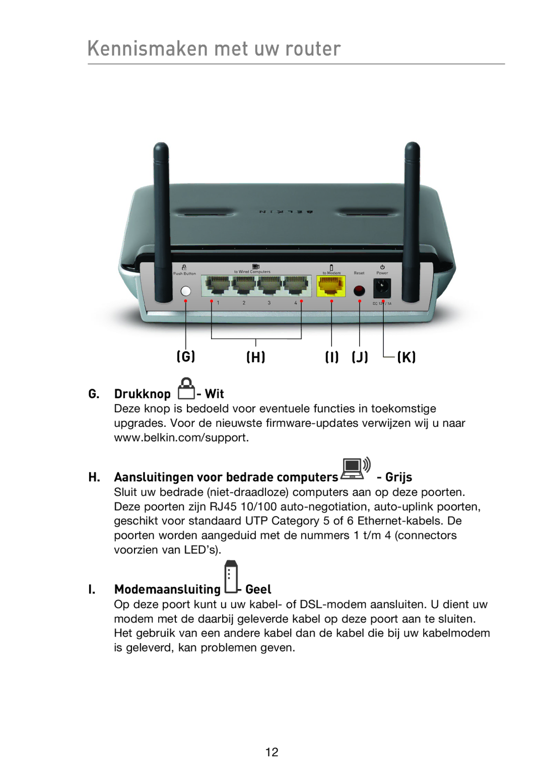 Belkin F5D8233EA4 user manual Drukknop Wit Aansluitingen voor bedrade computers Grijs, Modemaansluiting Geel 