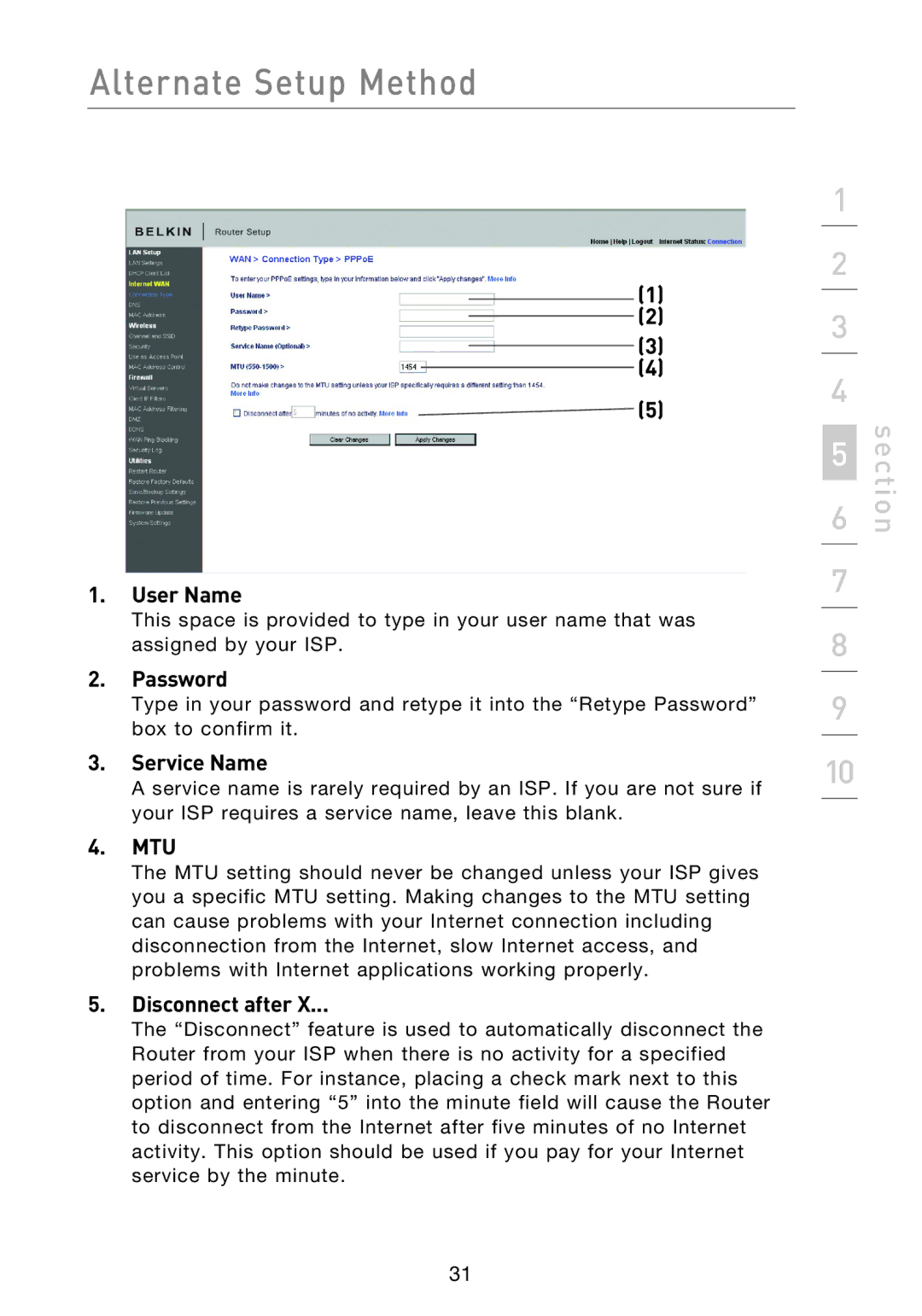 Belkin F5D8233EA4 user manual User Name, Password, Service Name, Mtu, Disconnect after 