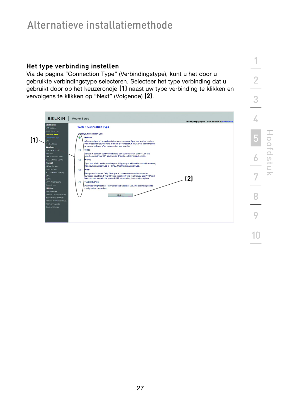 Belkin F5D8233EA4 user manual Het type verbinding instellen 