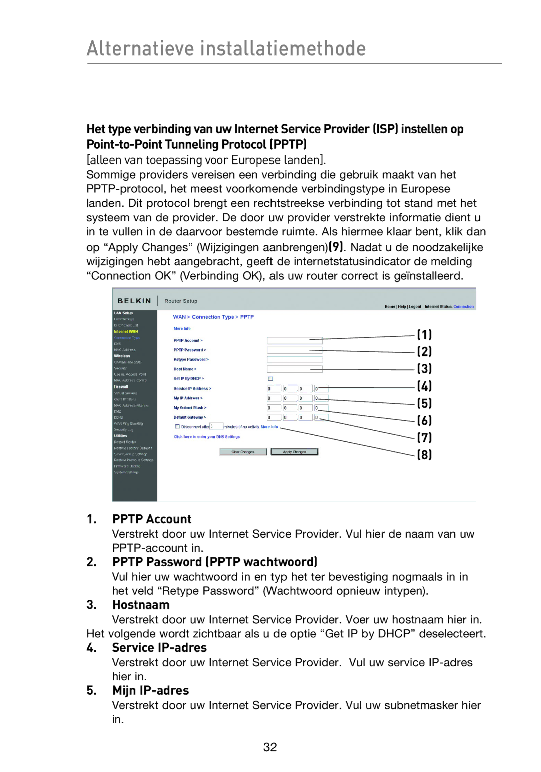 Belkin F5D8233EA4 user manual Pptp Password Pptp wachtwoord, Service IP-adres, Mijn IP-adres 