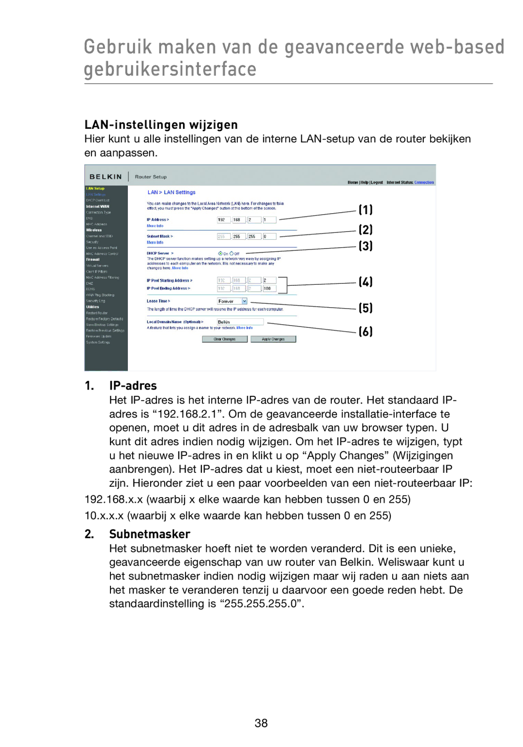 Belkin F5D8233EA4 user manual LAN-instellingen wijzigen, IP-adres 