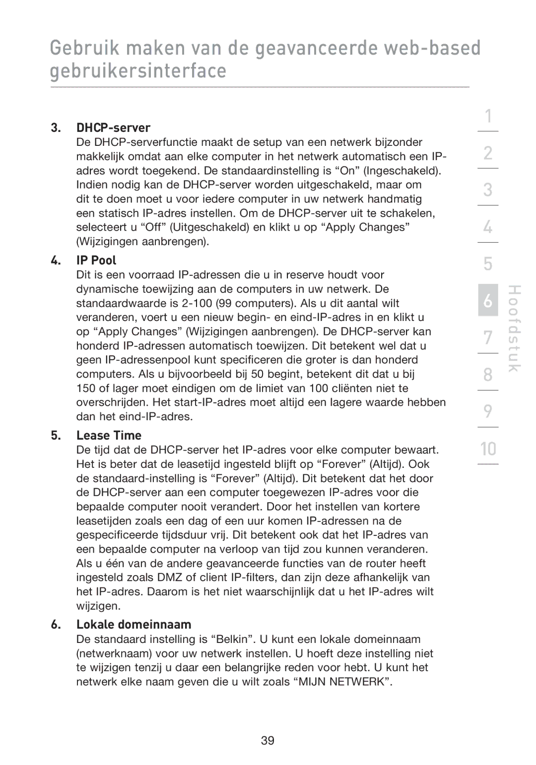 Belkin F5D8233EA4 user manual DHCP-server, Lokale domeinnaam 