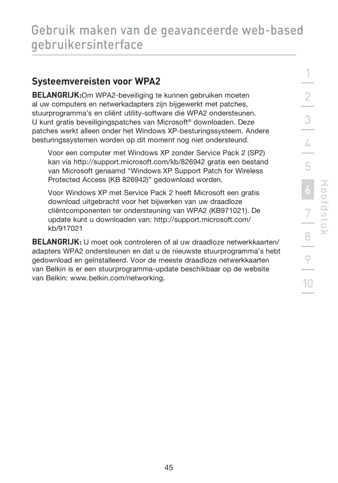 Belkin F5D8233EA4 user manual Systeemvereisten voor WPA2 