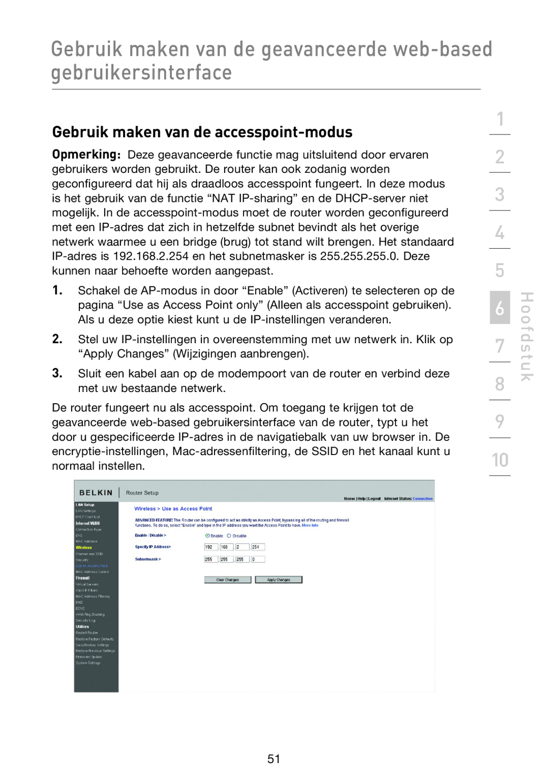 Belkin F5D8233EA4 user manual Gebruik maken van de accesspoint-modus 