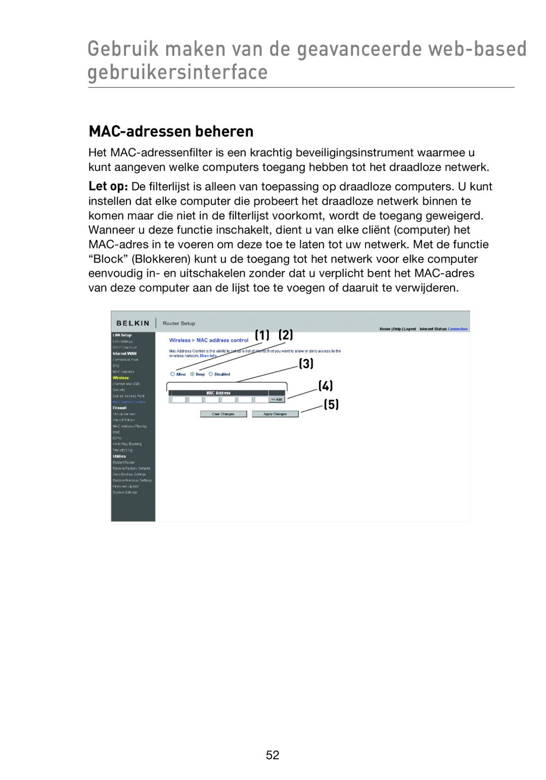 Belkin F5D8233EA4 user manual MAC-adressen beheren 