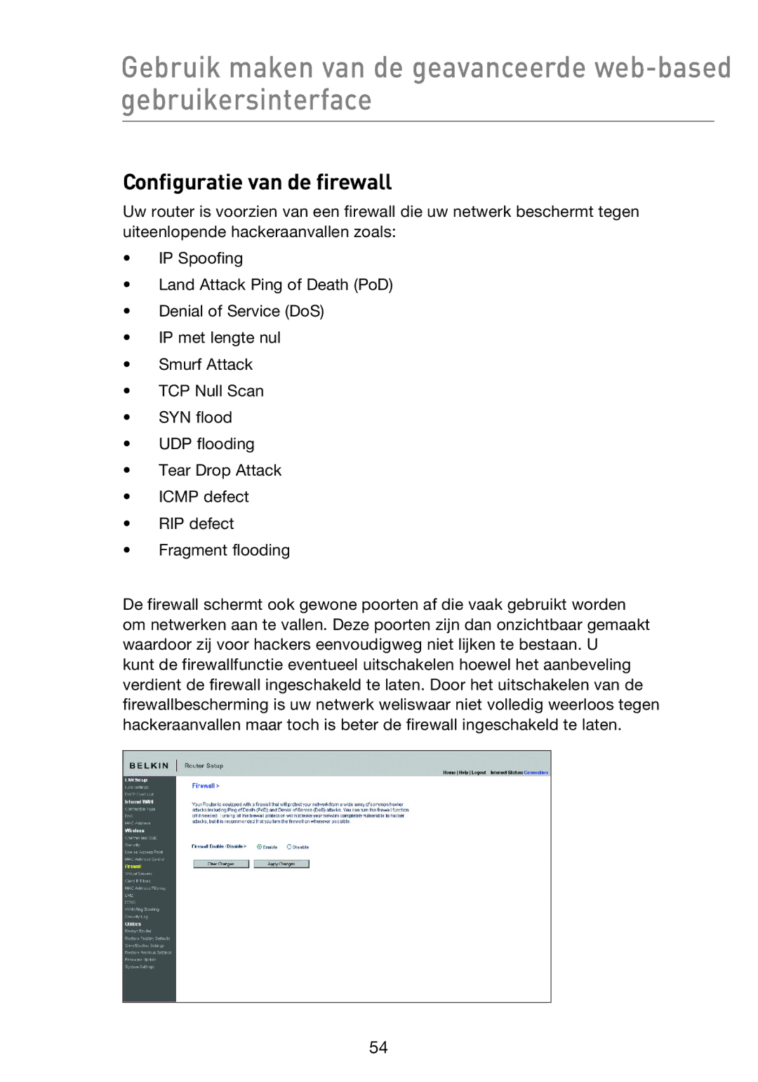 Belkin F5D8233EA4 user manual Configuratie van de firewall 