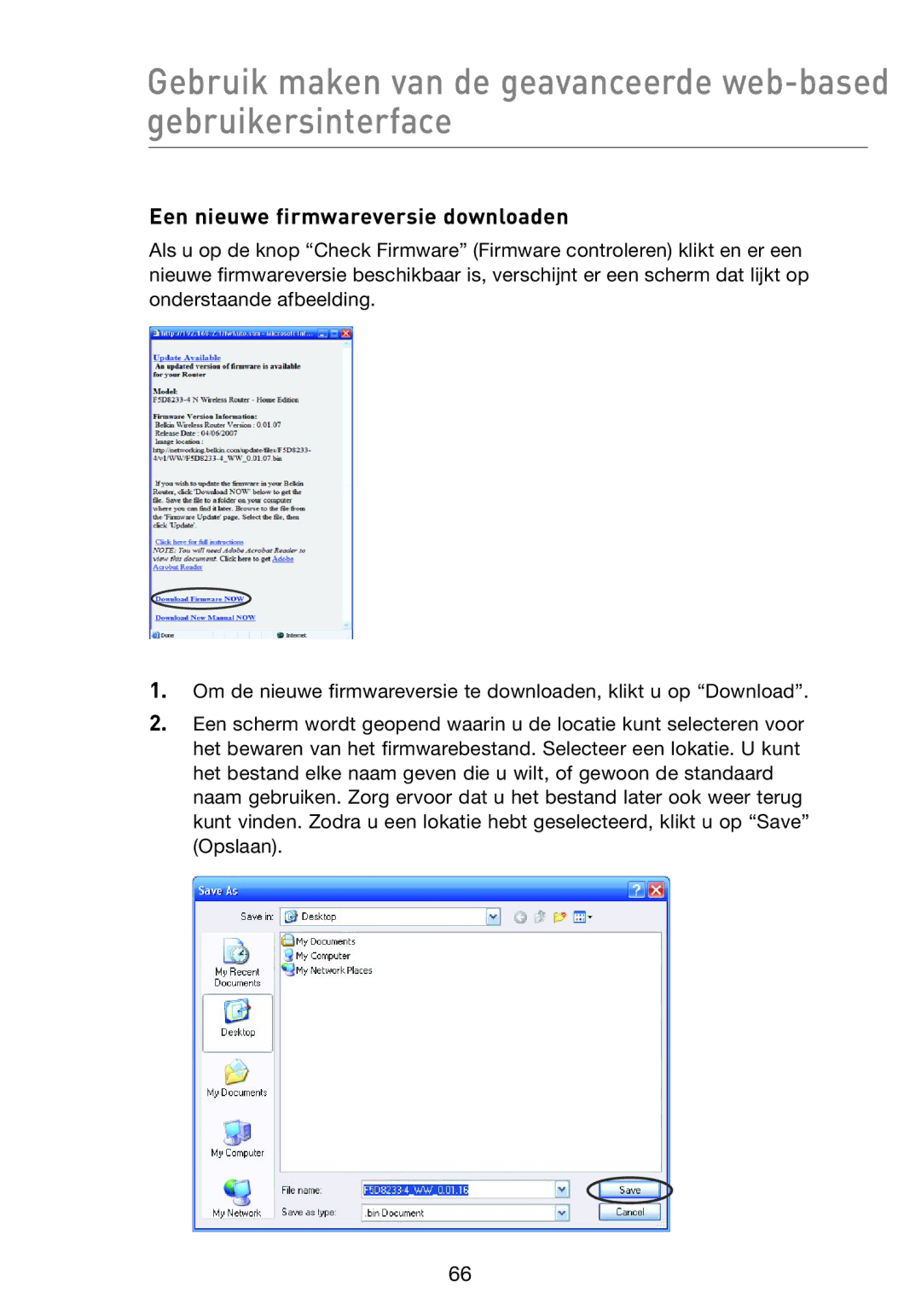 Belkin F5D8233EA4 user manual Een nieuwe firmwareversie downloaden 