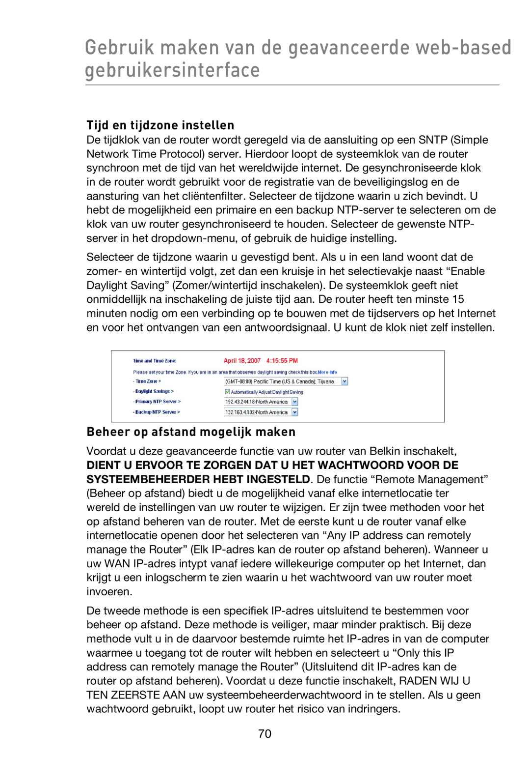 Belkin F5D8233EA4 user manual Tijd en tijdzone instellen, Beheer op afstand mogelijk maken 