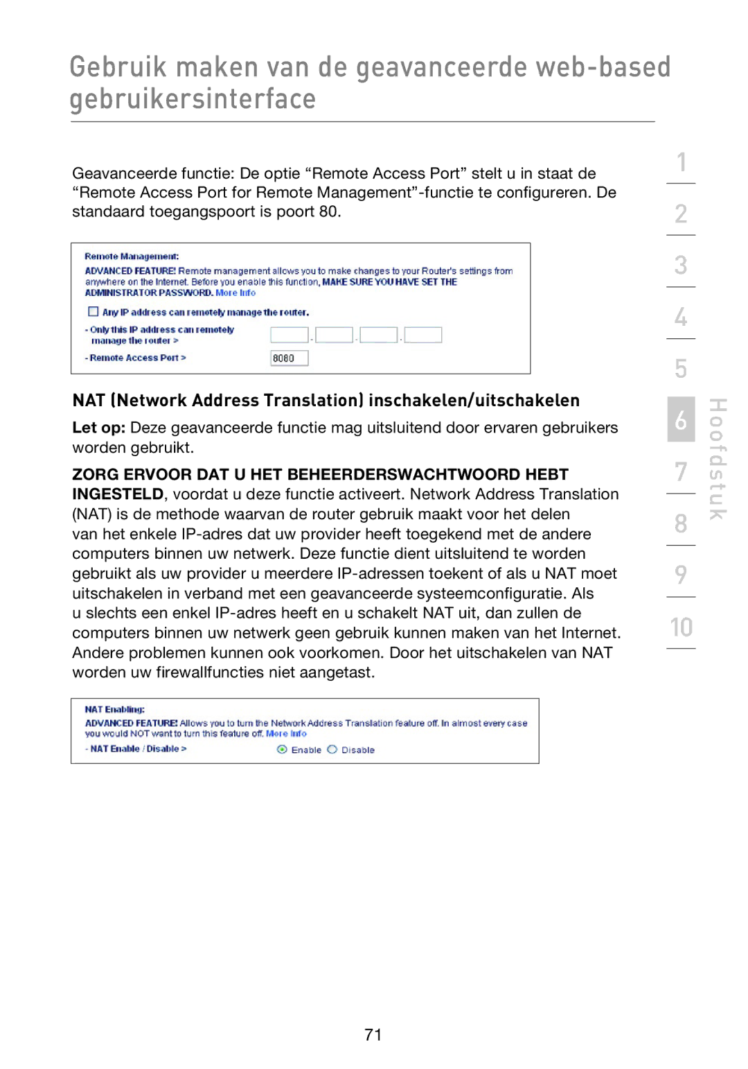 Belkin F5D8233EA4 user manual NAT Network Address Translation inschakelen/uitschakelen 