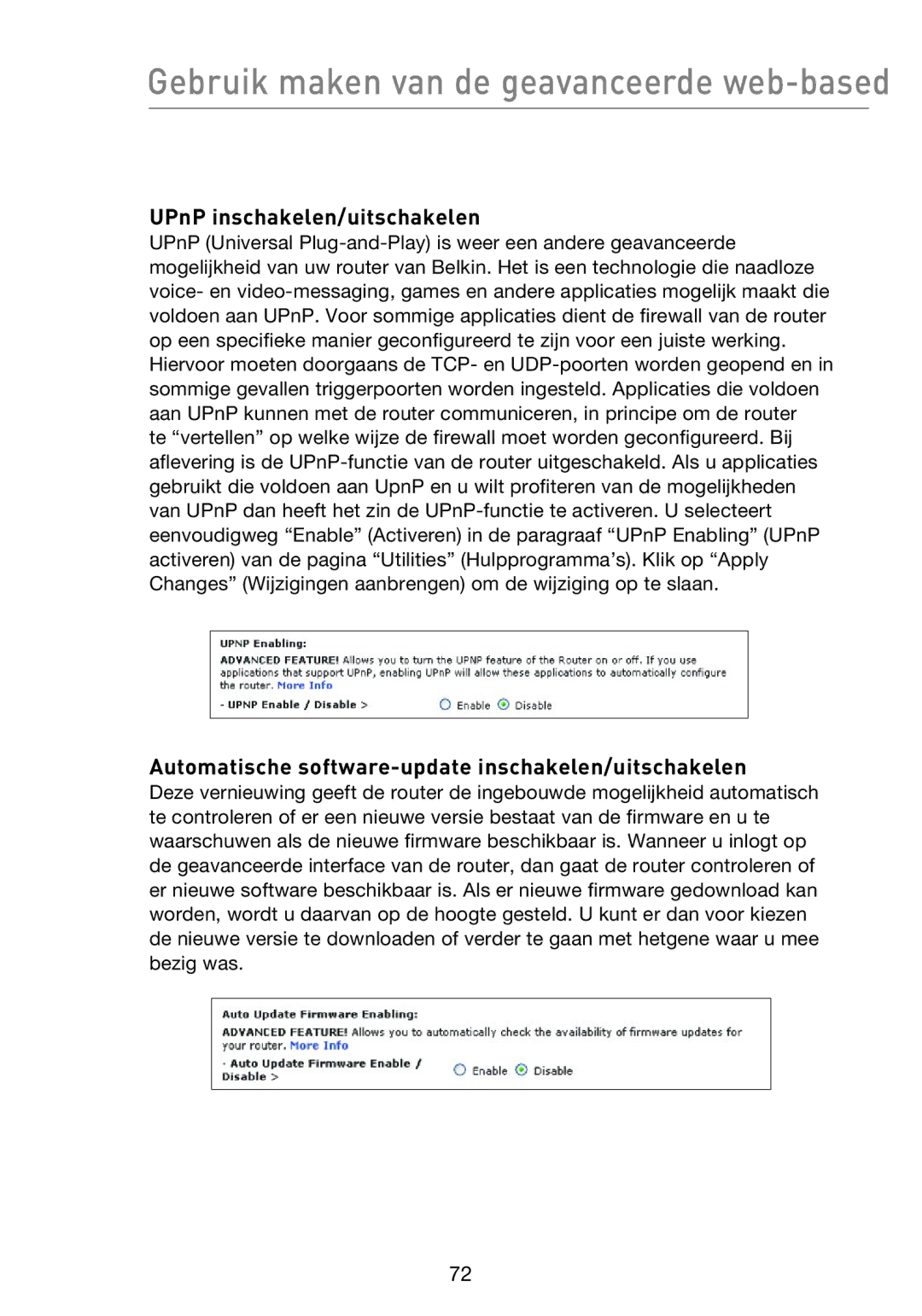 Belkin F5D8233EA4 user manual UPnP inschakelen/uitschakelen, Automatische software-update inschakelen/uitschakelen 