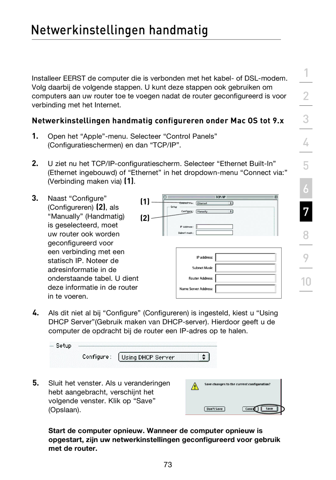 Belkin F5D8233EA4 user manual Netwerkinstellingen handmatig configureren onder Mac OS tot 