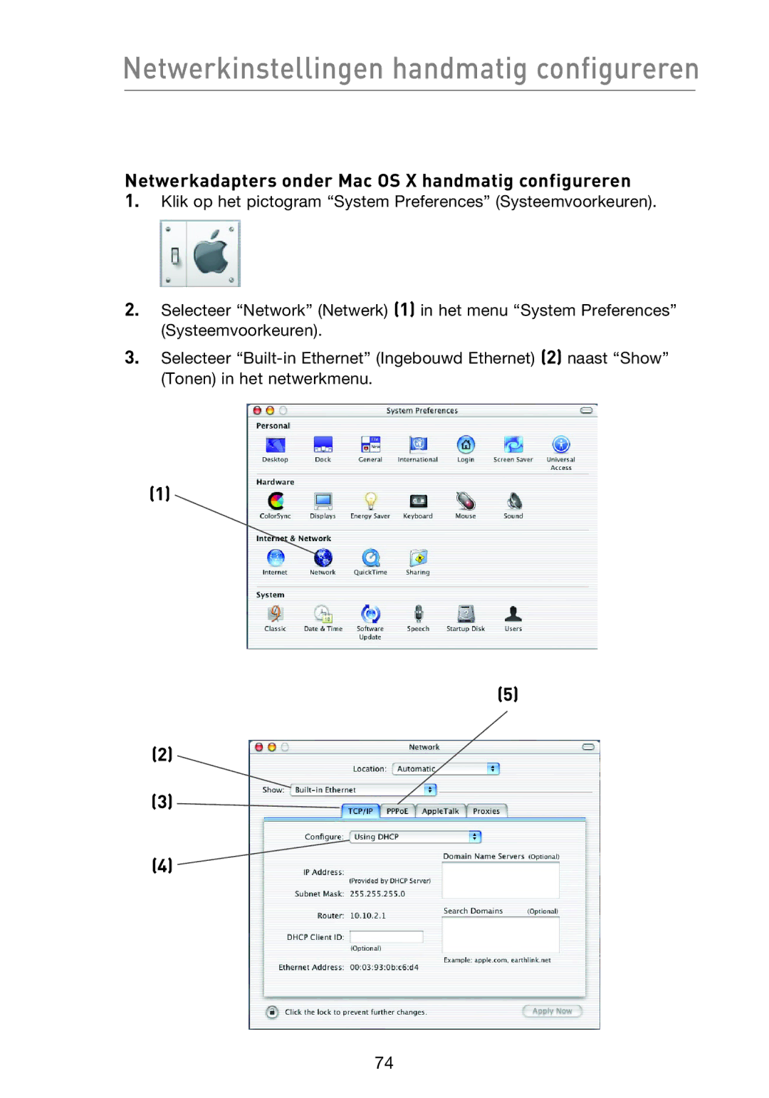 Belkin F5D8233EA4 Netwerkinstellingen handmatig configureren, Netwerkadapters onder Mac OS X handmatig configureren 