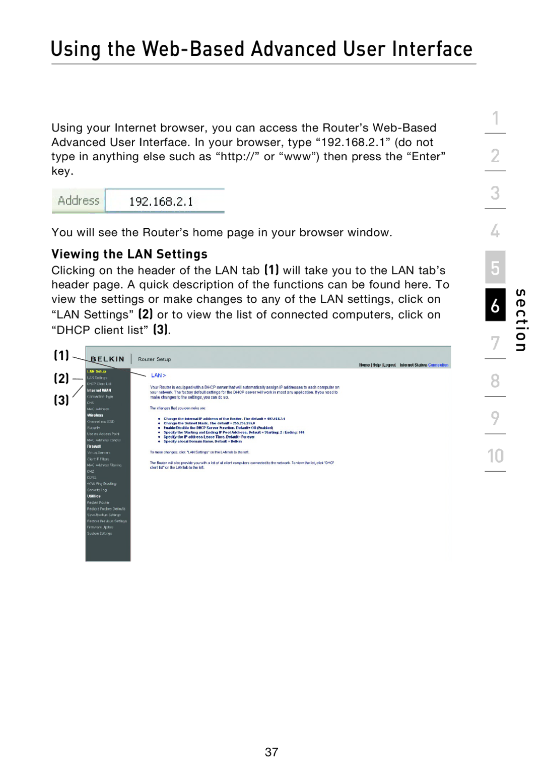 Belkin F5D8233EA4 user manual Using the Web-Based Advanced User Interface, Viewing the LAN Settings 