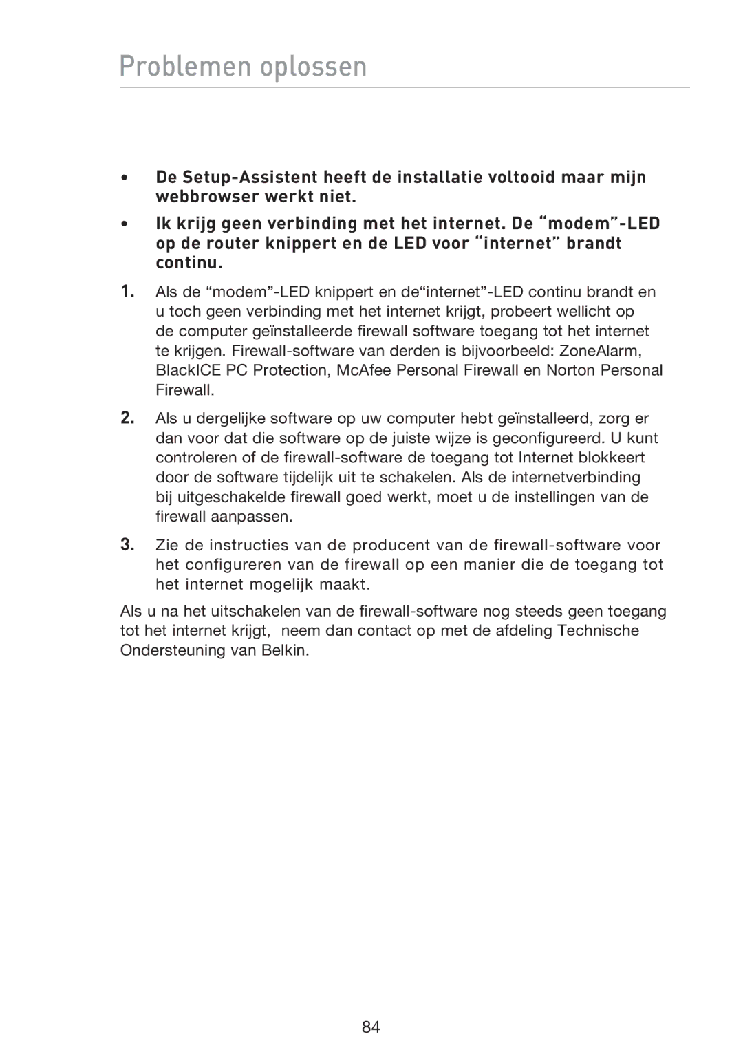 Belkin F5D8233EA4 user manual Problemen oplossen 