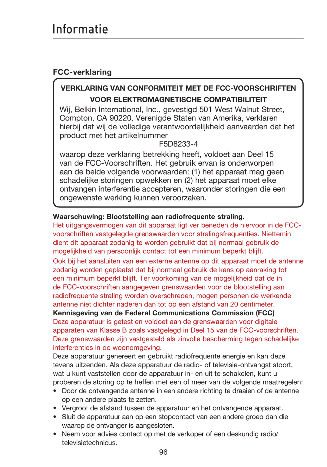 Belkin F5D8233EA4 user manual Informatie, FCC-verklaring, Waarschuwing Blootstelling aan radiofrequente straling 