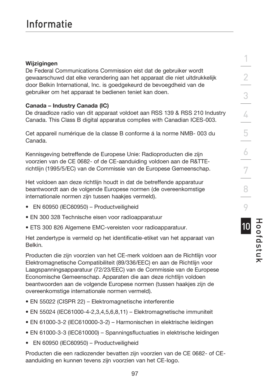 Belkin F5D8233EA4 user manual Wijzigingen, Canada Industry Canada IC 