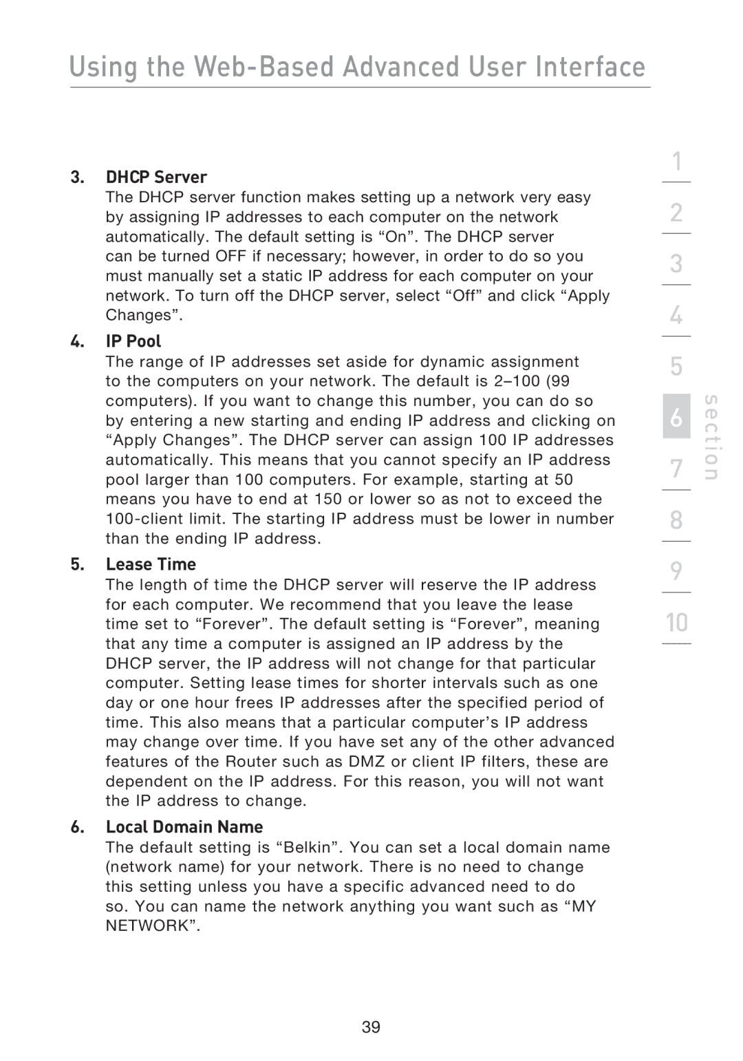 Belkin F5D8233EA4 user manual Dhcp Server, IP Pool, Lease Time, Local Domain Name 