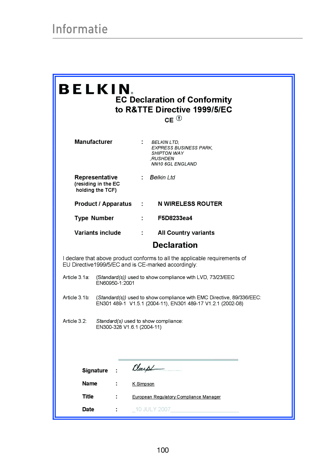 Belkin F5D8233EA4 user manual EC Declaration of Conformity to R&TTE Directive 1999/5/EC 