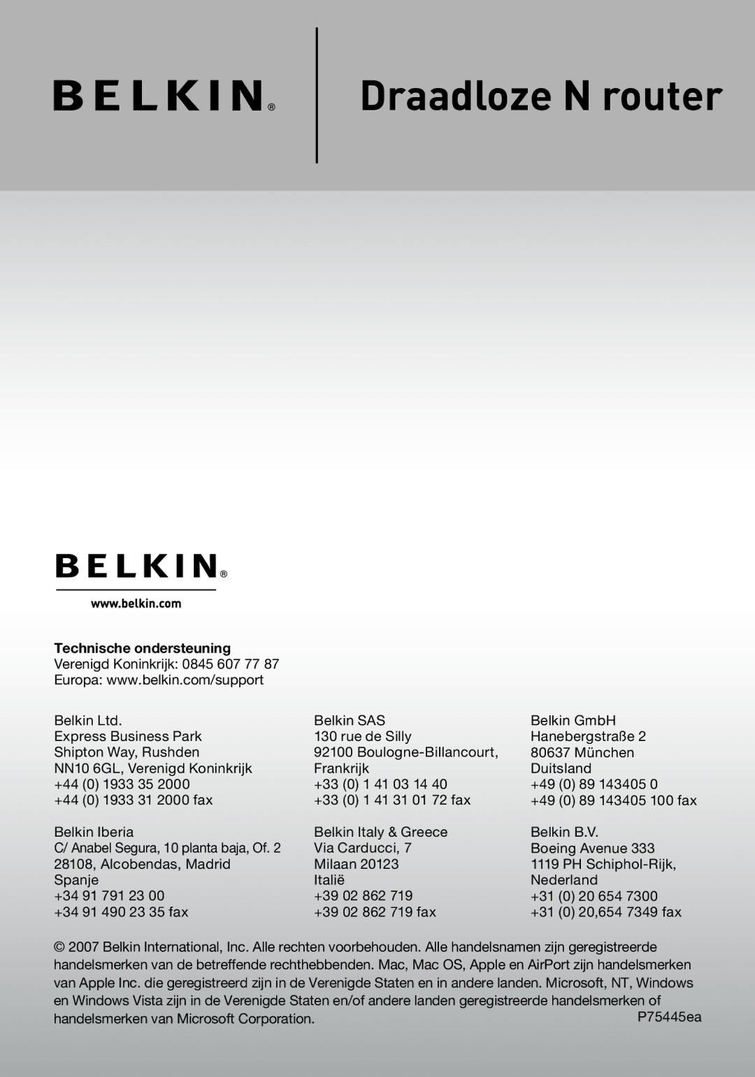 Belkin F5D8233EA4 user manual Technische ondersteuning 