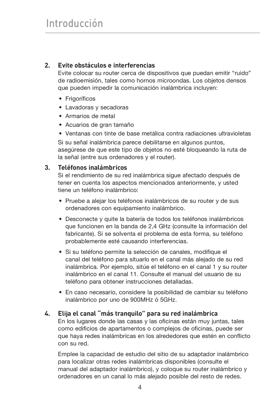 Belkin F5D8233EA4 user manual Evite obstáculos e interferencias, Teléfonos inalámbricos 