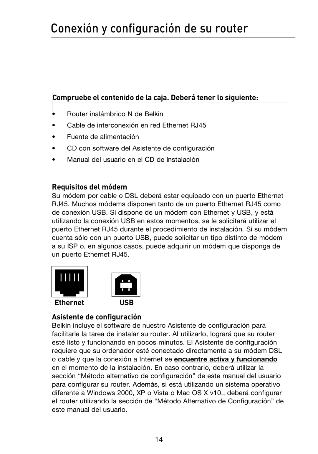 Belkin F5D8233EA4 Conexión y configuración de su router, Requisitos del módem, Ethernet USB Asistente de configuración 