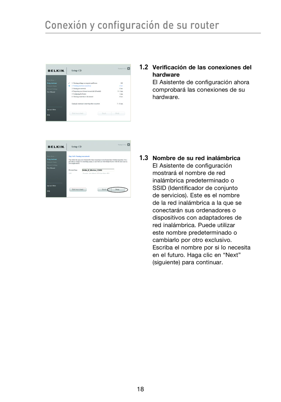 Belkin F5D8233EA4 user manual Verificación de las conexiones del hardware 