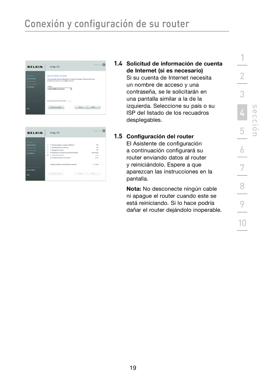 Belkin F5D8233EA4 user manual Configuración del router 