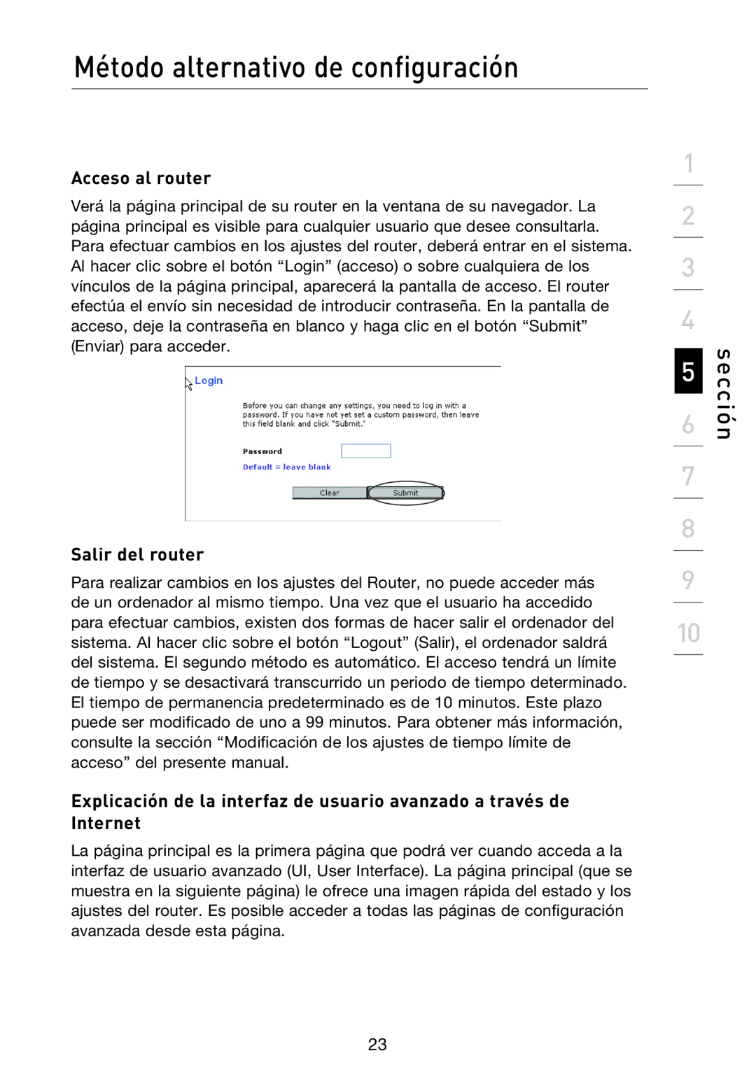 Belkin F5D8233EA4 user manual Acceso al router, Salir del router 