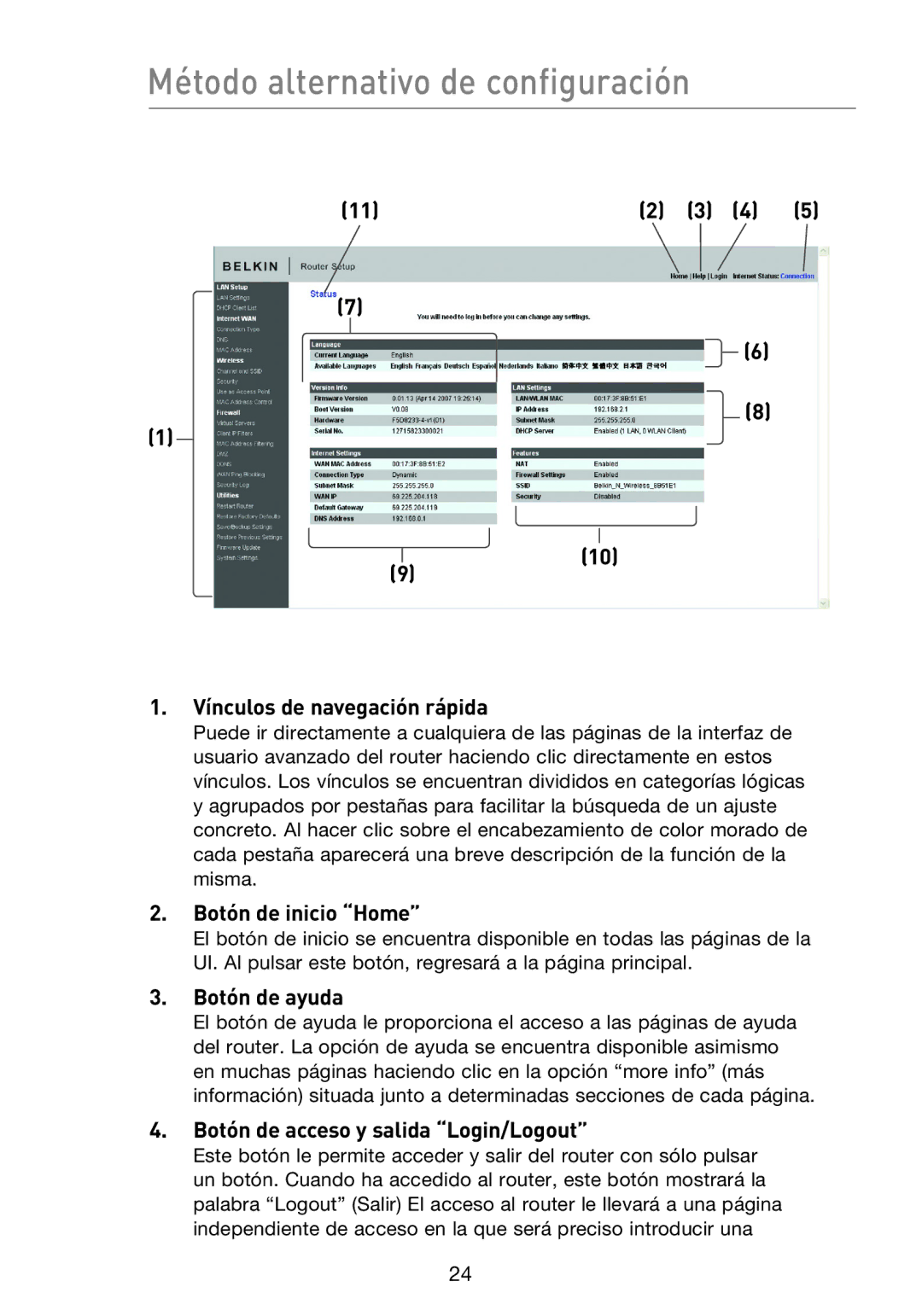 Belkin F5D8233EA4 Método alternativo de configuración, Vínculos de navegación rápida, Botón de inicio Home, Botón de ayuda 