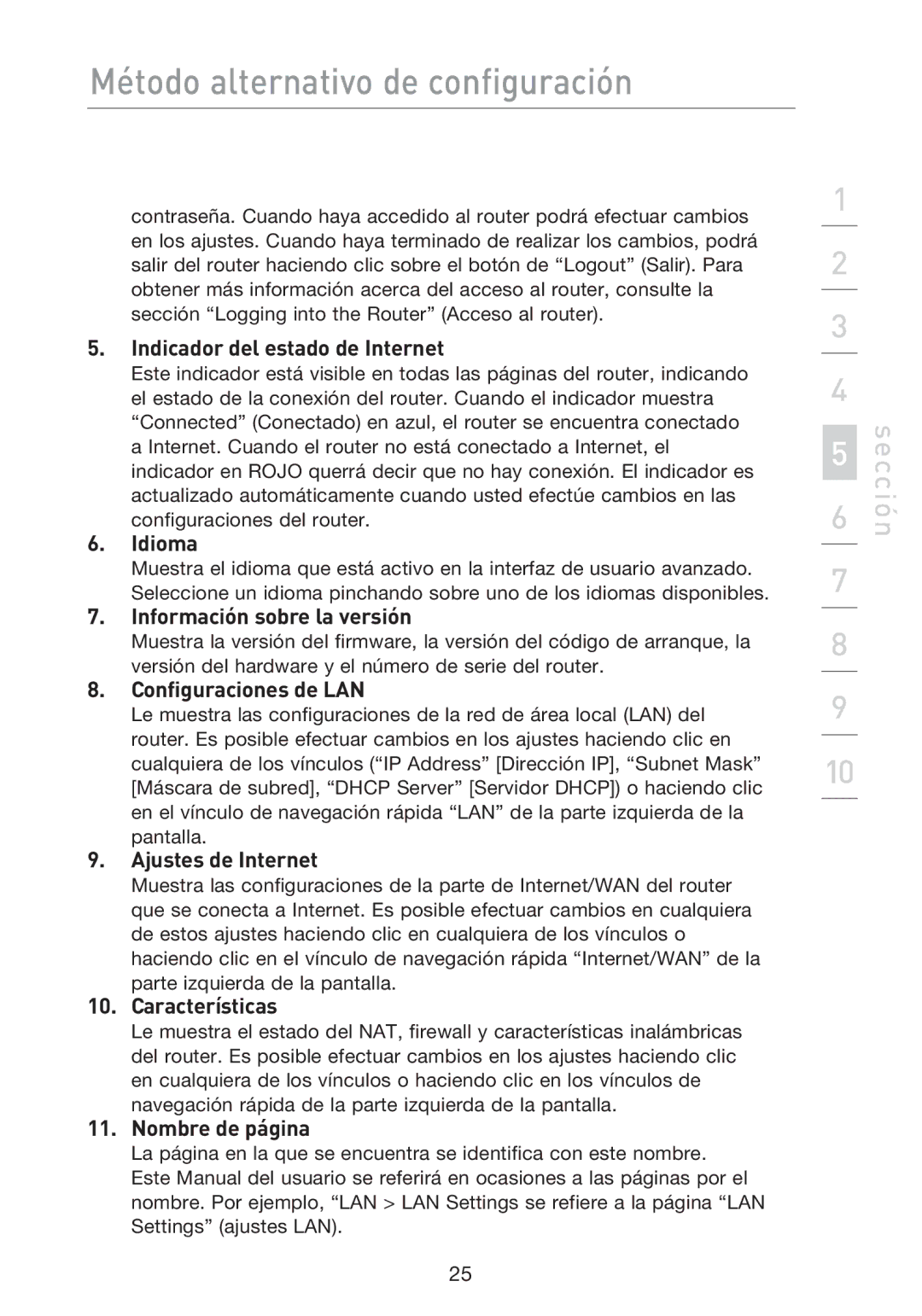 Belkin F5D8233EA4 Indicador del estado de Internet, Idioma, Información sobre la versión, Configuraciones de LAN 