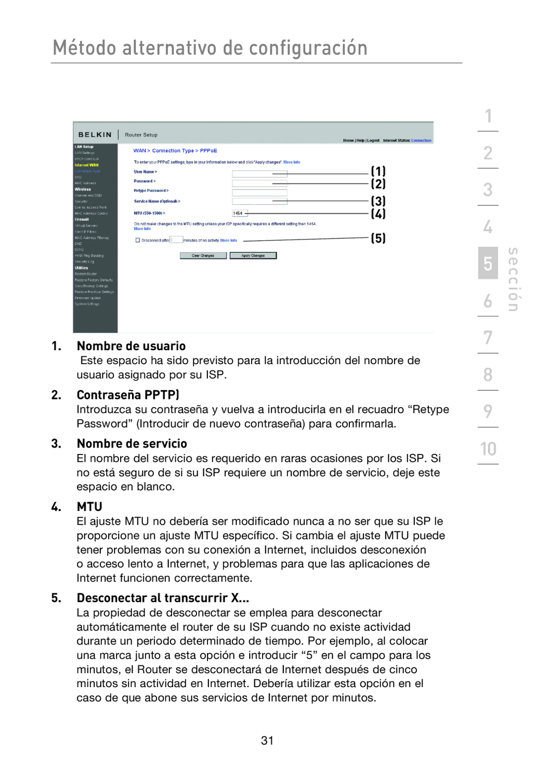 Belkin F5D8233EA4 user manual Nombre de usuario, Contraseña Pptp, Nombre de servicio, Desconectar al transcurrir 