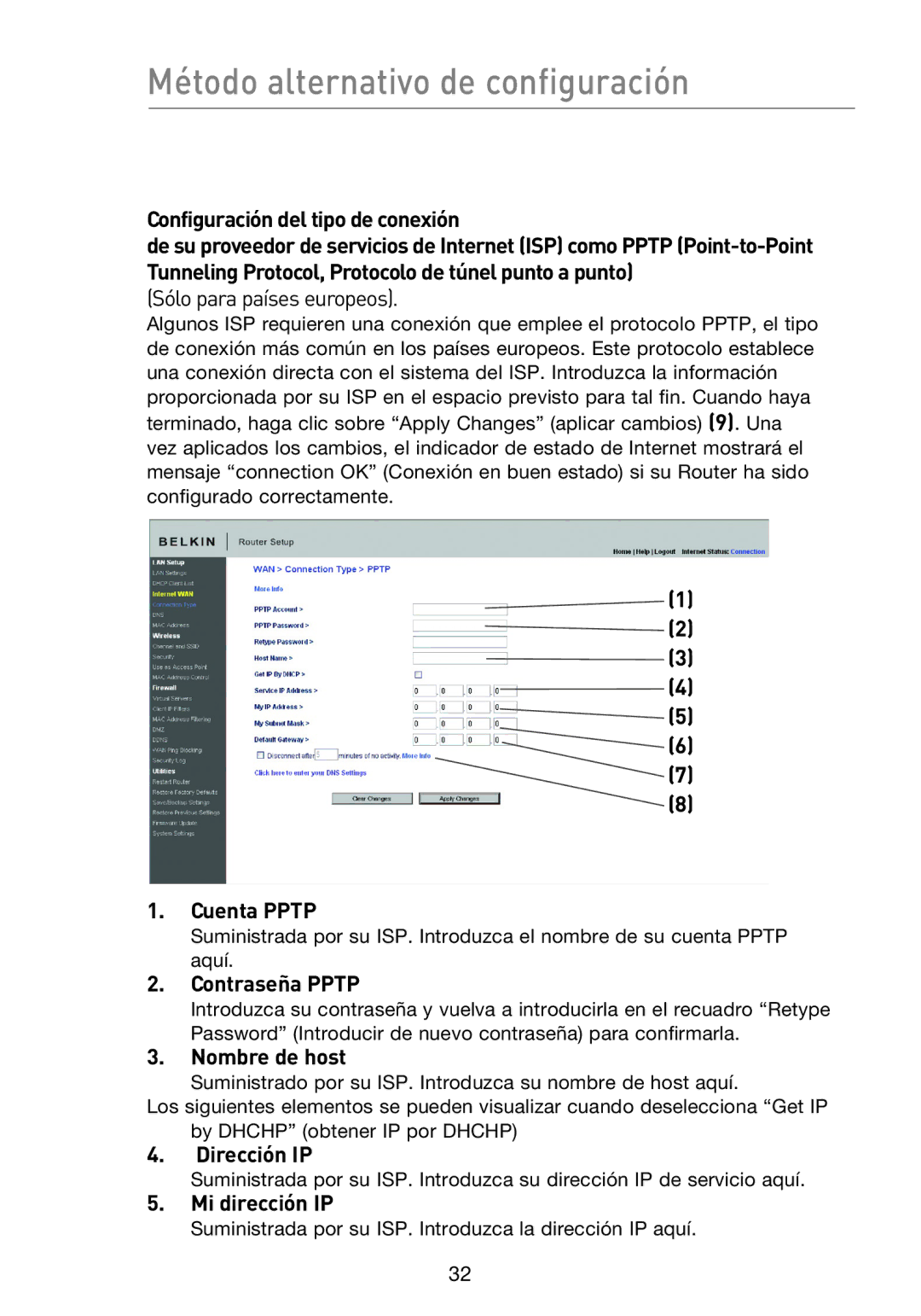 Belkin F5D8233EA4 user manual Configuración del tipo de conexión, Cuenta Pptp, Nombre de host, Mi dirección IP 