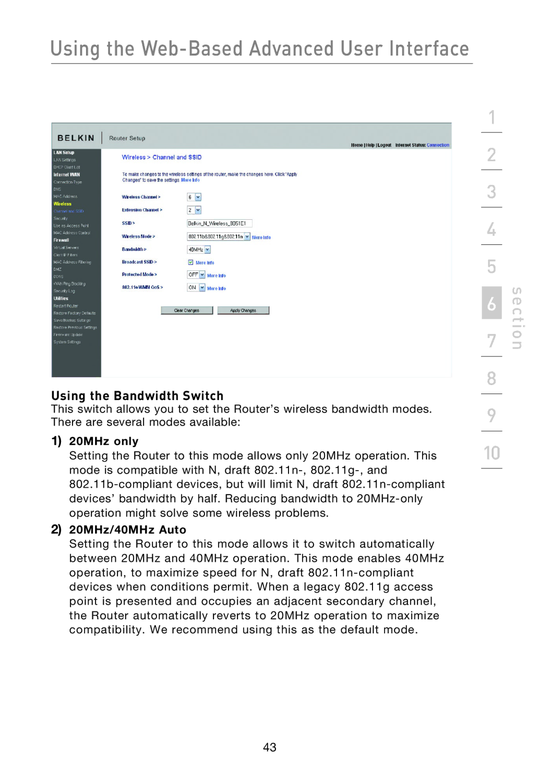 Belkin F5D8233EA4 user manual Using the Bandwidth Switch, 20MHz only, 20MHz/40MHz Auto 