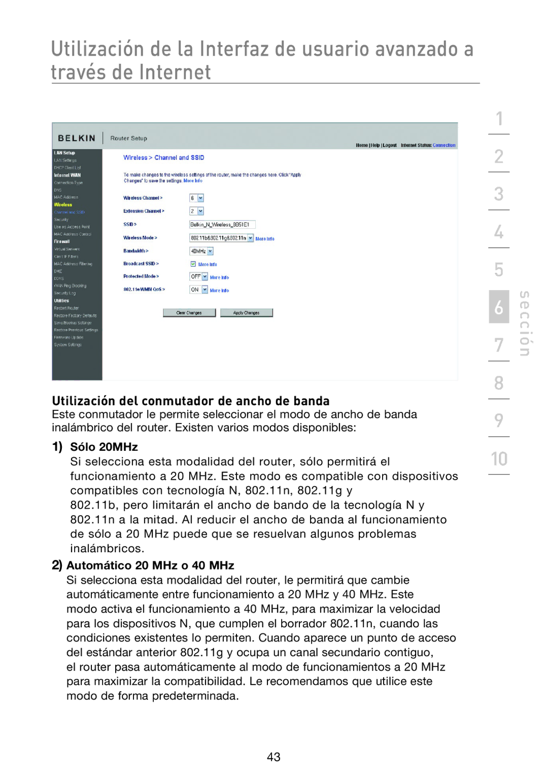 Belkin F5D8233EA4 user manual Utilización del conmutador de ancho de banda, Sólo 20MHz, Automático 20 MHz o 40 MHz 