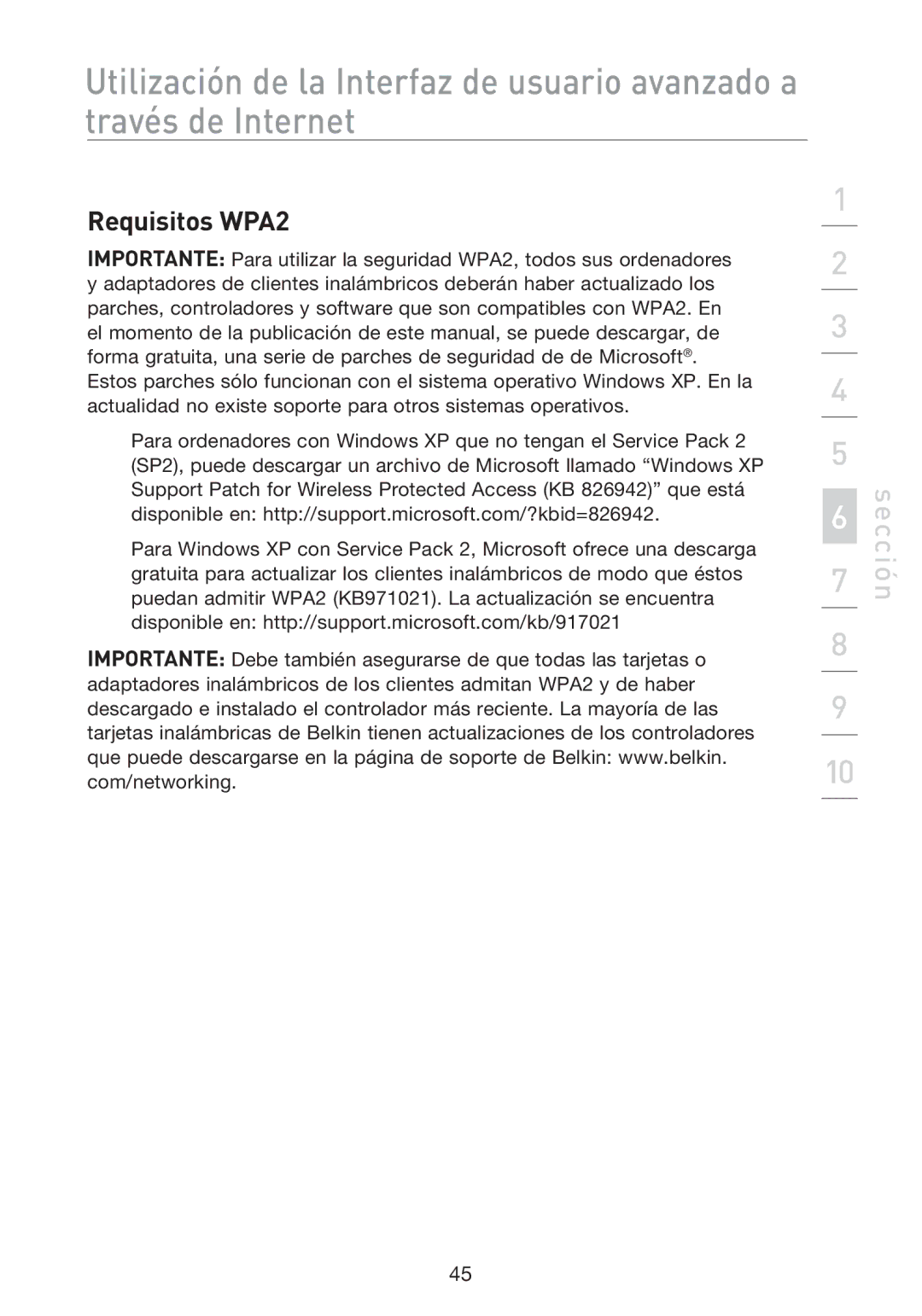 Belkin F5D8233EA4 user manual Requisitos WPA2 