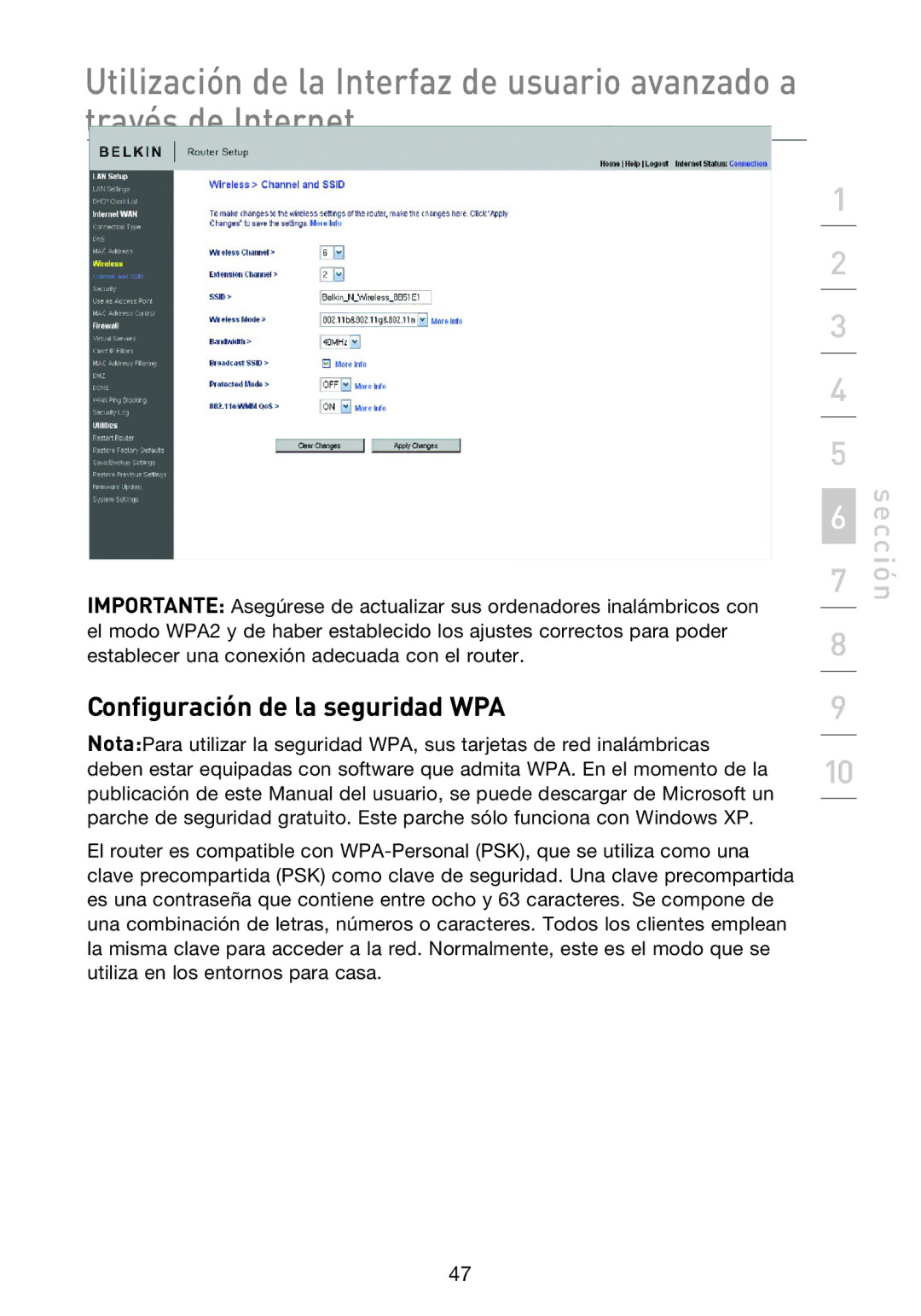 Belkin F5D8233EA4 user manual Configuración de la seguridad WPA 