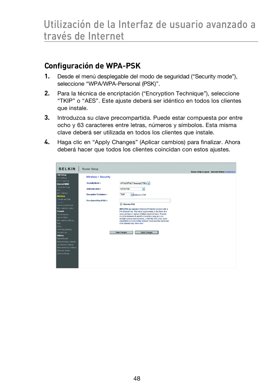 Belkin F5D8233EA4 user manual Configuración de WPA-PSK 