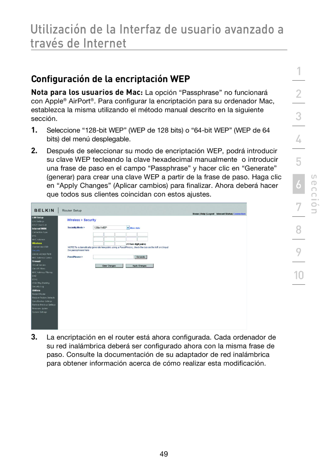 Belkin F5D8233EA4 user manual Configuración de la encriptación WEP 