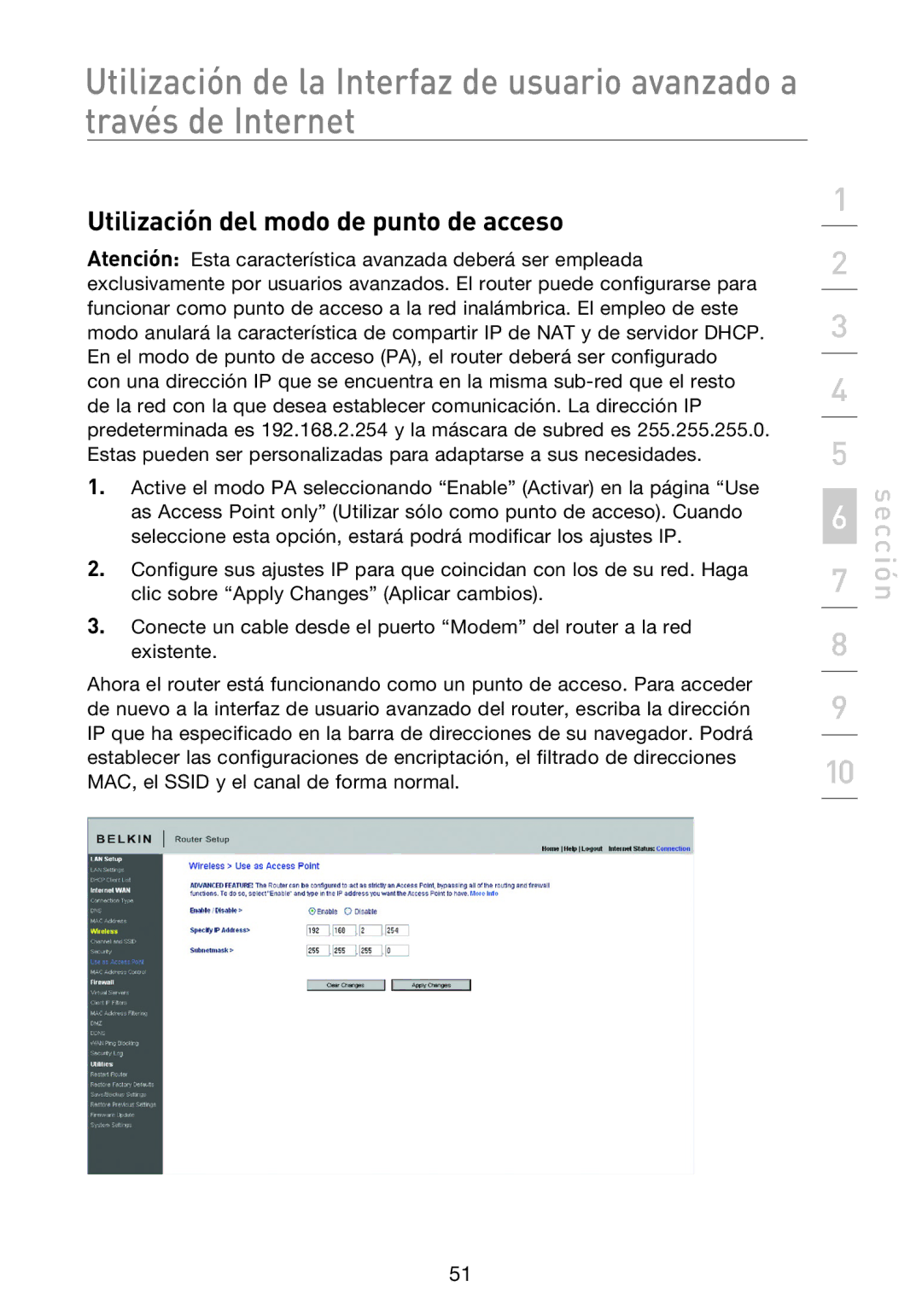 Belkin F5D8233EA4 user manual Utilización del modo de punto de acceso 