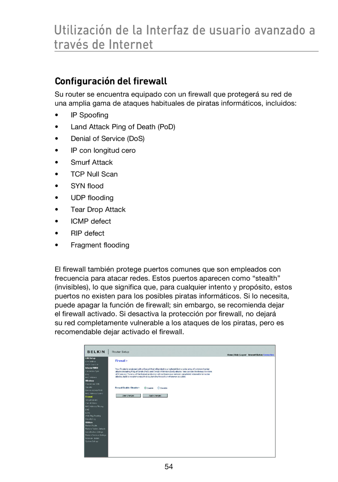 Belkin F5D8233EA4 user manual Configuración del firewall 