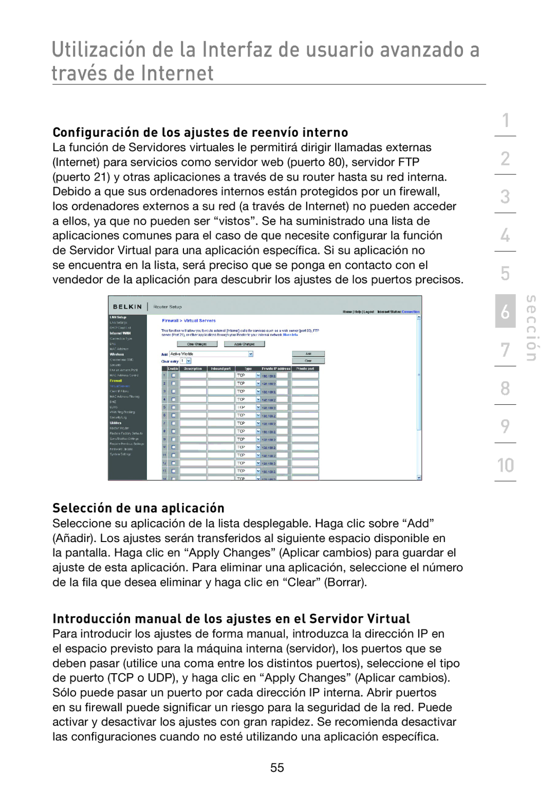 Belkin F5D8233EA4 user manual Configuración de los ajustes de reenvío interno, Selección de una aplicación 